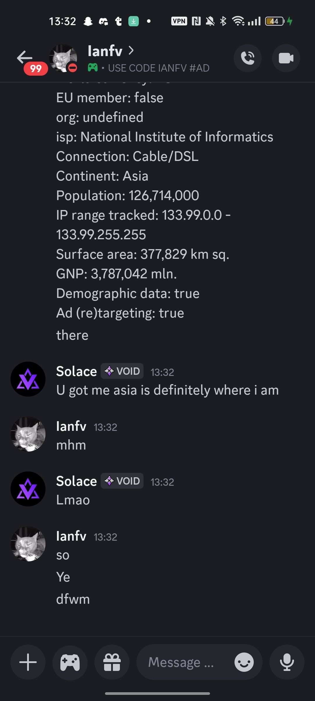 Screenshot of Ianfv threatening users